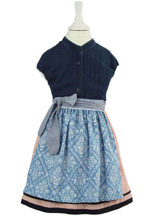 Kinder Baumwoll / Leinen - Dirndl mit Schürze, dunkelblau / lachs_04